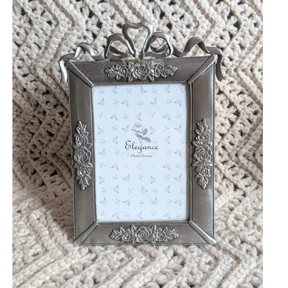 Elegance Pewter Photo Frame 4x6 Vintage 2004 Rose Floral Bow Ribbon Silver Tone
